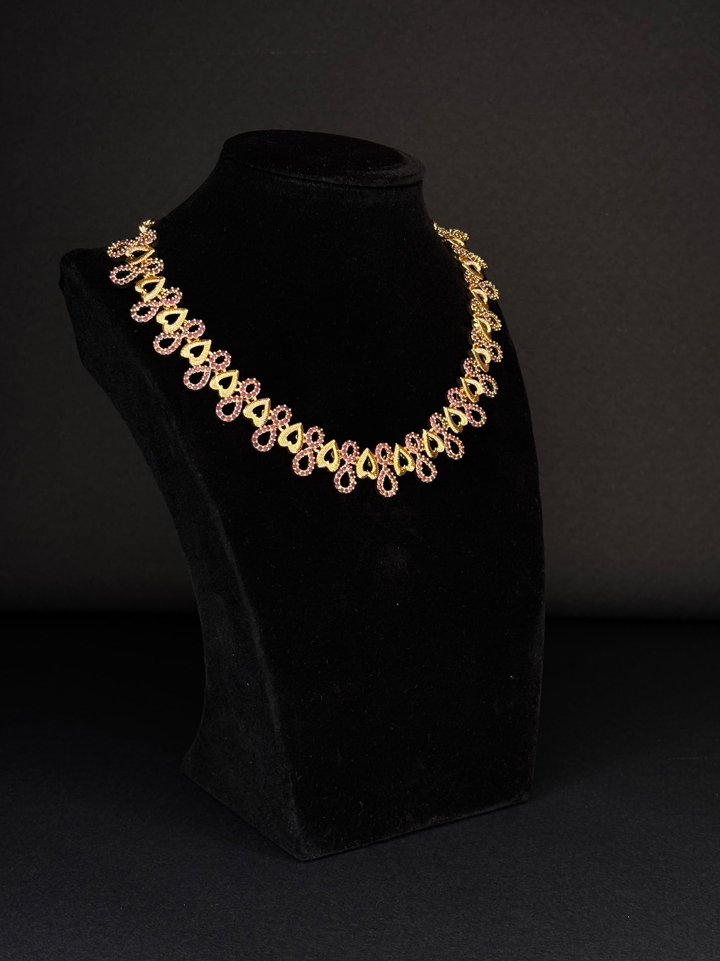 Gold-Plated Pink AD Diamond Necklace with Matching Earrings (JYO5029)