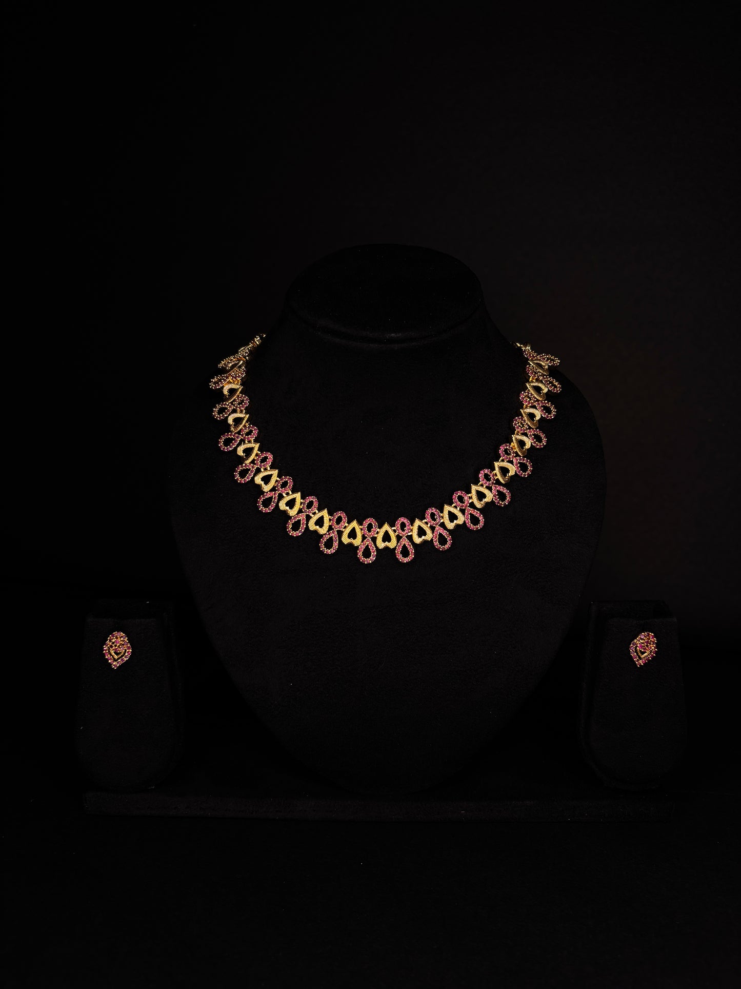 Gold-Plated Pink AD Diamond Necklace with Matching Earrings (JYO5029)