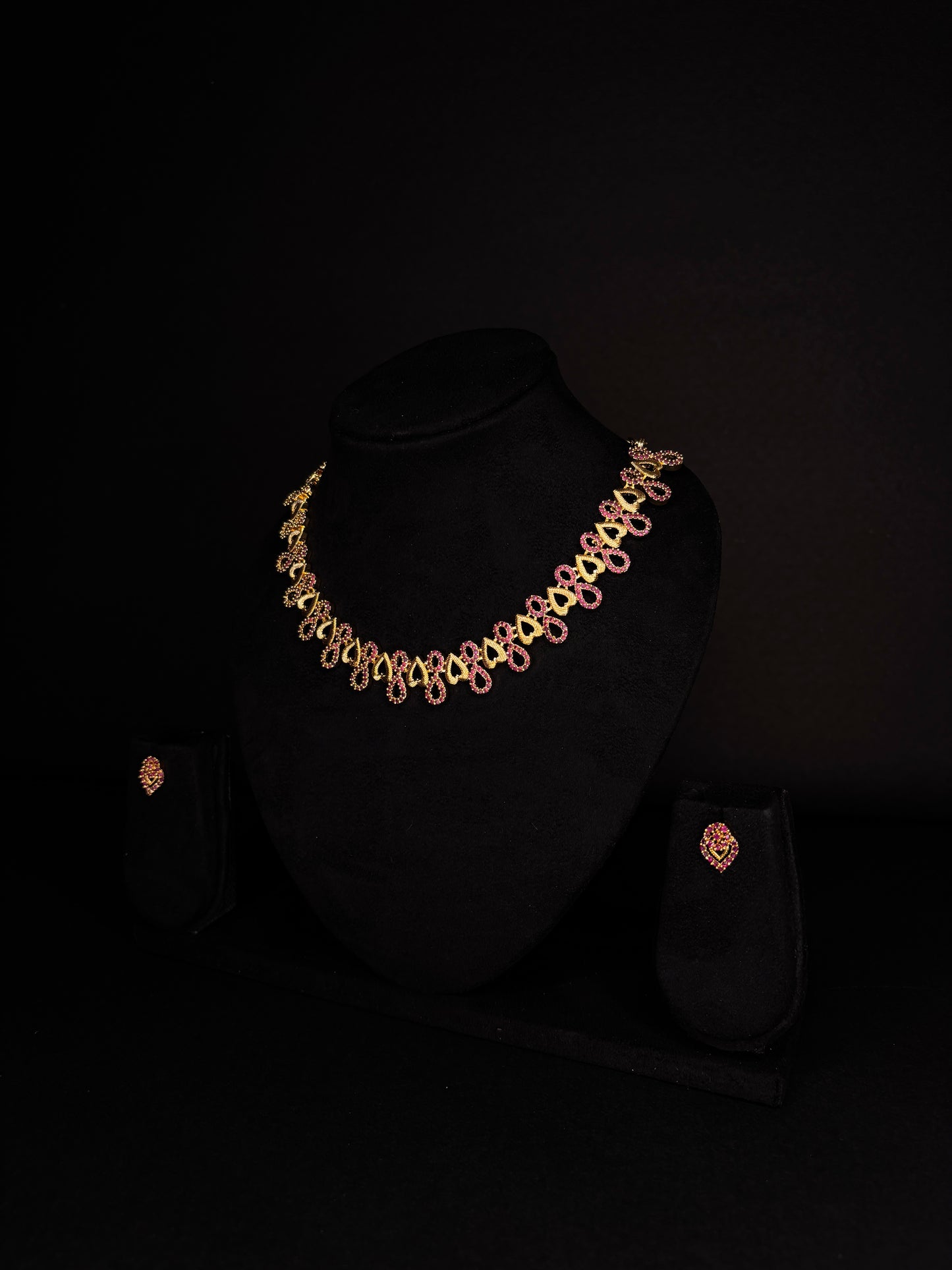 Gold-Plated Pink AD Diamond Necklace with Matching Earrings (JYO5029)