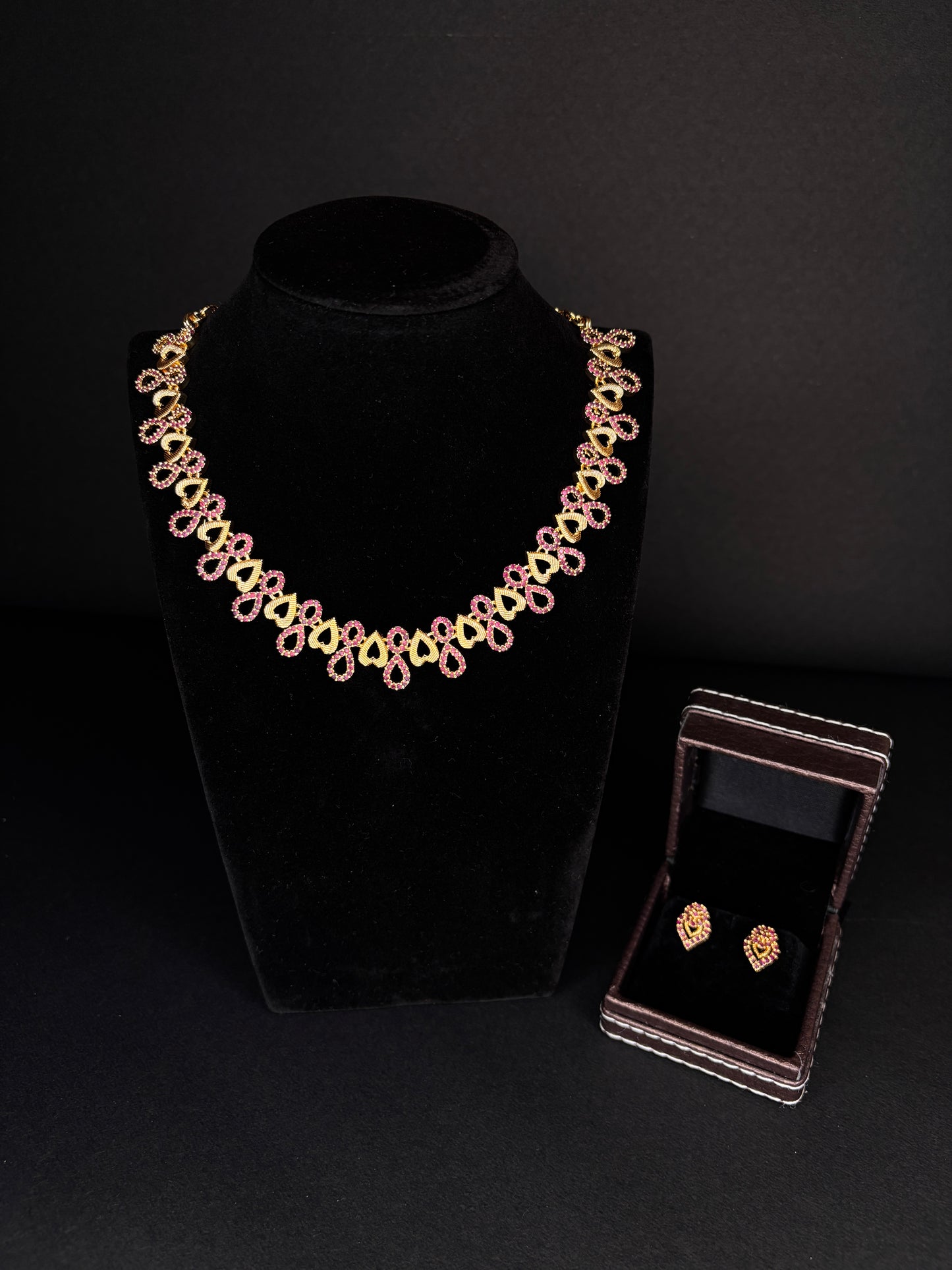 Gold-Plated Pink AD Diamond Necklace with Matching Earrings (JYO5029)