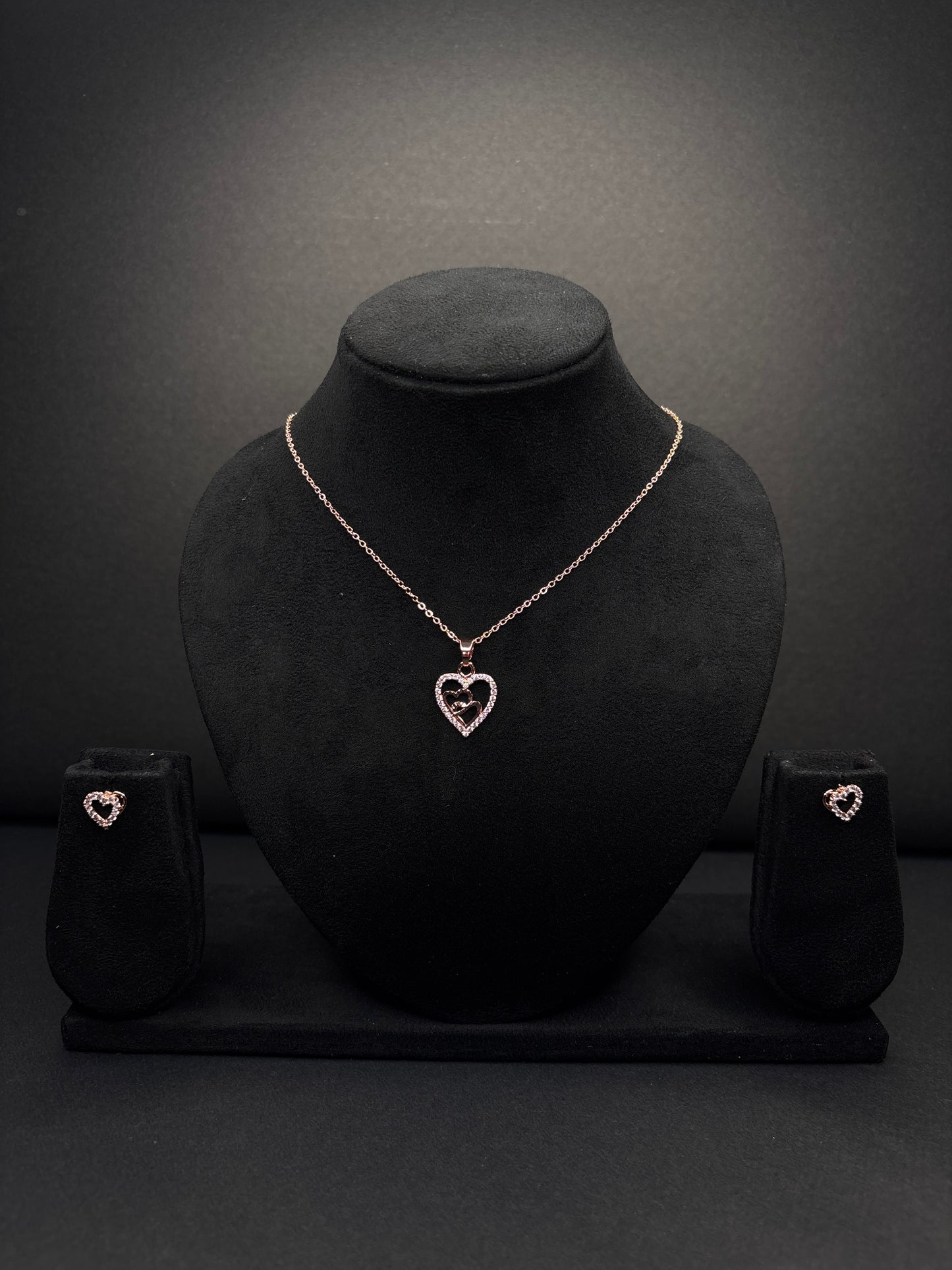 Rose Gold AD Diamond Heart Pendant Necklace with Earrings (JYO8138)