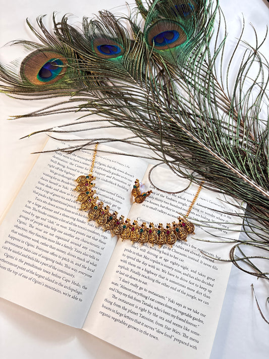 Traditional Lakshmi Kasumala Peacock Design Chocker  Necklace with Earrings (JYO7125)